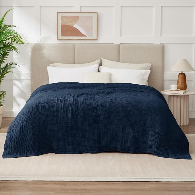 100% Cotton Muslin Blanket King 108" x 90", 6 Layers Breathable and Lightweight Cotton Throw Blanket for Bed, Soft Quilt Bedspread Coverlet, Gauze Blanket for Adults All Season, Navy