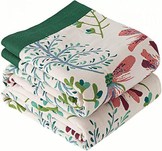 Green Grass Boho Throw Blanket for Bed, Lightweight Muslin Cotton Quilt Blanket for Thanksgiving Gift, Travel Blanket, Reversible Picnic Blanket 60" x80'' for Couch, Chair