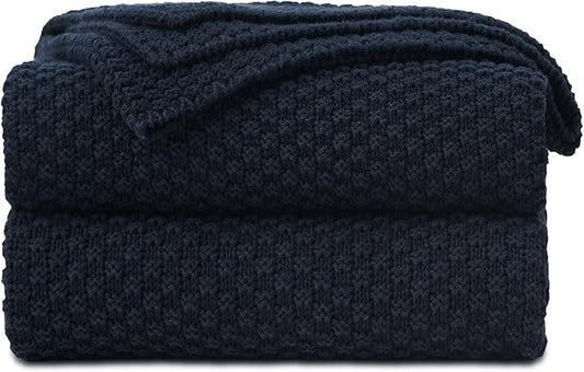 Longhui bedding Dark Navy Blue Knitted Throw Blanket for Couch, Soft, Cozy Machine Washable 100% Cotton Sofa Knit Blankets, Heavy 4.0lb Weight, 60 x 80 Inches, Dark Navy Blue Color.