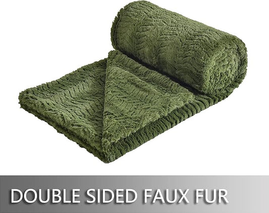 YUSOKI Luxury Faux Fur Throw Blanket(Without Pillows) 2 Layers,3lb,All Ages,Home Decoration, (Olive Green,50" x 63")