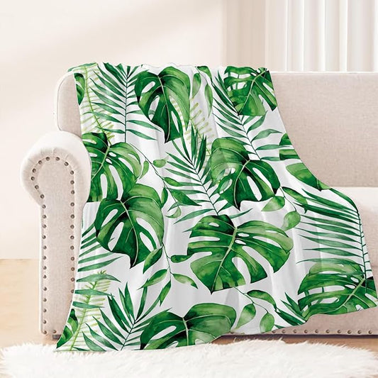 Neatee Living Tropical Leaf Throw Blanket Kids Small Green Plant Blanket Girls Boys Child Baby Bed Couch Soft Fleece Blanket White Spring Summer Decorative Blanket Home Decorations 40x50