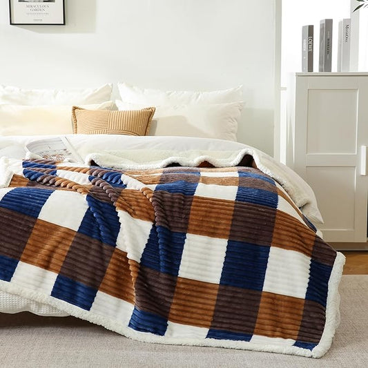 PU MEI Sherpa Blanket Twin Plaid Thick Bed Blanket, 80”*90” Super Soft Flannel Fuzzy Fleece Reversible Velvet Plush Warm Blanket for Couch (Khaki Blue Check)