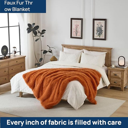 Luxury Fluffy Faux Fur Throw Blanket,Thick Fluffy Fuzzy Cozy Blanket,Plush Blankets for Couch, Sofa, Chair, Bed-Burnt Orange,60x80