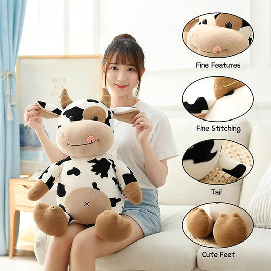 Giant Cow Stuffed Animal 25.59in Large Cow Plush Toy with Smile Cute Soft Big Soothing Cuddly Plushie for Kids Adults Birthday Festival Gift Bed Home Decor Pillow Cushion