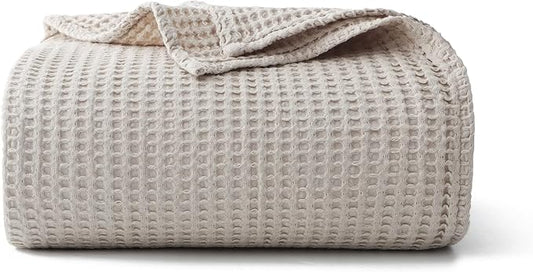 100% Cotton Waffle Blanket (Khaki - Queen Size - 90 * 90''), Pre-Washed and Anti-Shrinkage Soft Lightweight Bed & Couch Blanket, 380 GSM Waffle Weave Throw Blanket for All Seasons