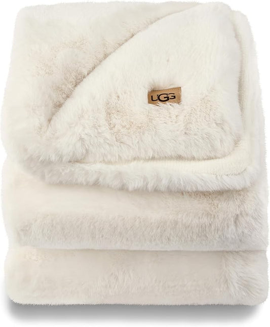 UGG Euphoria Plush Faux Fur Throw Blanket Medium Weight Reversible Luxury Soft Throw for Couch Bed or Chair Hypoallergenic Machine Washable Home Decor Fluffy Blanket, 50-inch x 70-inch, White Snow