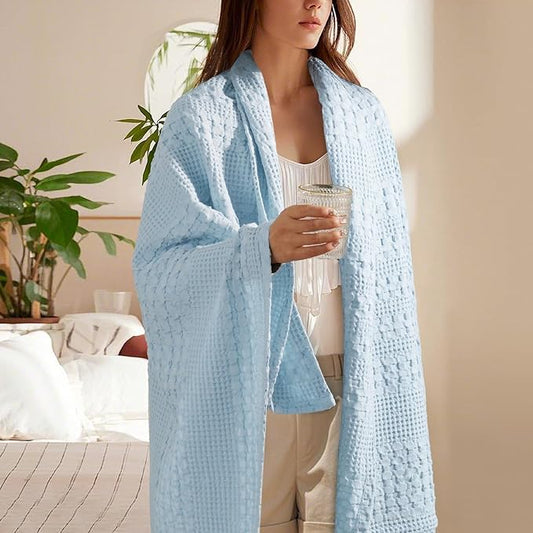 PHF 100% Cotton Waffle Weave Throw Blanket, Soft Lightweight Breathable Cozy Summer Throws for Couch Bed Sofa, Luxury Aesthetic Woven Blanket for Home Decor & Office, 50"x60", Baby Blue