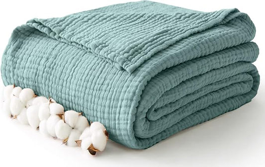 100% Cotton Muslin Blanket Twin XL 66" x 90", Breathable and Cooling Bed Blankets, Soft Boho Bedspread, Gauze Bedding for Adults All Season, Turquoise, Teal