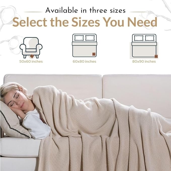 100% Organic Turkish Cotton Throw Blanket - GOTS Certified, Cozy - Perfect for Couch, Bed, and Home Decor - Boho Vintage Knit Alina (Beige, 50x60)