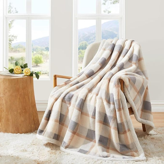 PU MEI Super Soft Faux Rabbit Fur Sherpa Fleece Throw Blanket, Reversible Luxury Cozy Cute Furry Blanket, Plush Warm Shaggy Fluffy Checkered Blankets for Sofa Couch Bed (Grey-Plaid, 60" x 80")