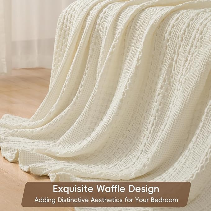 PHF 100% Cotton Waffle Weave Blanket Twin Size, Soft Lightweight Breathable Cozy Summer Blankets for Bed, Luxury Aesthetic Woven Bedding for Home Decor, 66"x90", Cannoli Cream