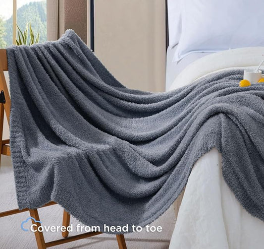 Knit Throw Blanket for Couch - Super Soft Bed Blanket， Fluffy Fuzzy Plush Lightweight Cozy Blankets for Sofa ，Dark Grey，50" x 60"