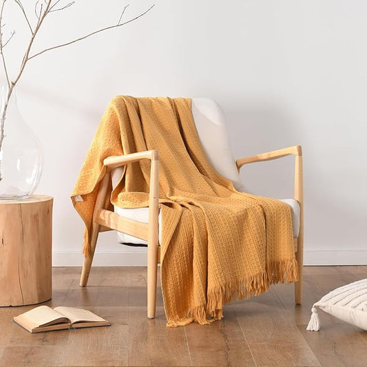 100% Cotton Waffle Blanket with Fringe, Pre-Washed Waffle Weave Blanket for All Season, Lightweight Breathable Soft Cozy Throw Blanket for Couch, Bed, Travel (Mustand Yellow - 50x60 Inches)