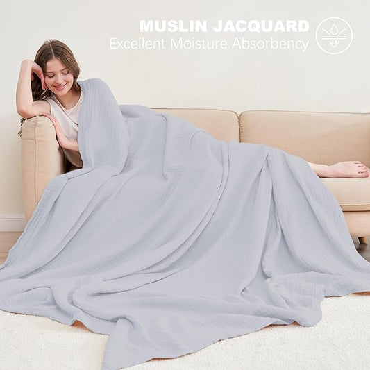 Cosy Family 6 Layer Muslin Bed Blanket - Breathable and Lightweight Gauze Boho Blanket for Spring, Soft 100% Cotton Muslin Blanket, Slate, 55x80 Inches