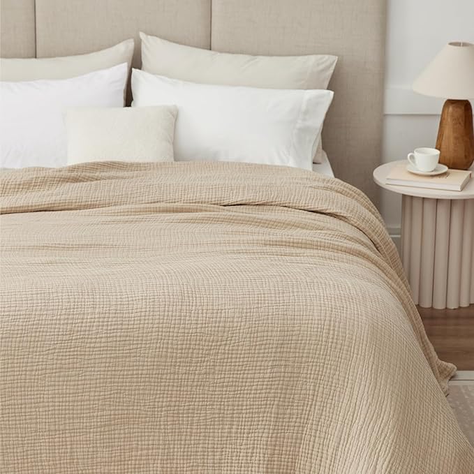 100% Cotton Muslin Blanket Queen 90" x 90", 6 Layers Breathable and Lightweight Cotton Throw Blanket for Bed, Soft Quilt Bedspread Coverlet, Gauze Blanket for Adults All Season, Beige Linen, Oatmeal