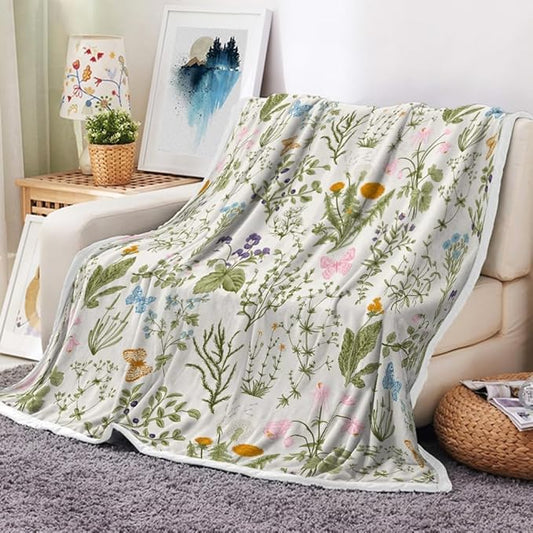 Vintage Herbs Floral Throw Blanket - Colorful Wild Flowers Printed Flannel Fleece Plush Blanket for Women, Girls - Soft, Lightweight for Bed, Sofa, Chair, Office
