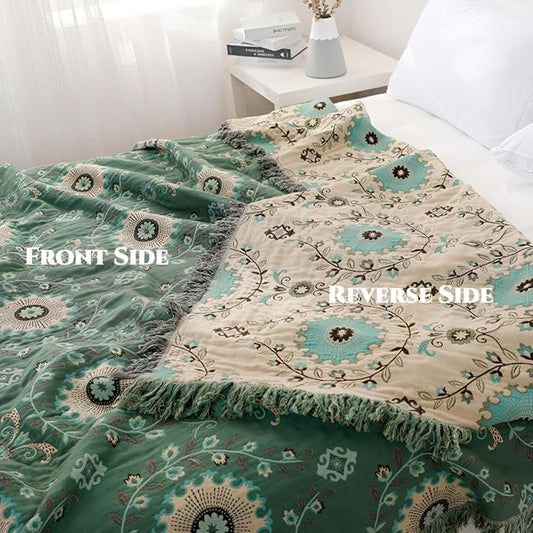 Floral Printed Throw Blankets for Bed Home Decor, 100% Cotton Soft Cozy Boho Quilts Blankets 80"x90",Lightweight Farmhouse Blanketsfor Armchair,Soaft,Couch,Picnic