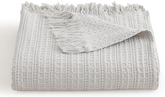 100% Cotton Waffle Blanket with Fringe, Pre-Washed Waffle Weave Blanket for All Season, Lightweight Breathable Soft Cozy Throw Blanket for Couch, Bed, Travel (Light Grey - 50x60 Inches)