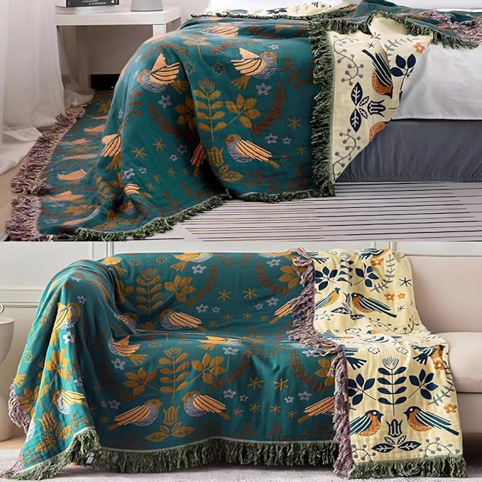 Organic Cotton Boho Throw Blankets for Bed,Sofa, Fall Throw Blankets Soft Cozy Cotton Quilted Blankets for All Season 80"x90",Versatile Ultra Soft Farmhouse Decor Blankets for Travel,Couch,Sofa