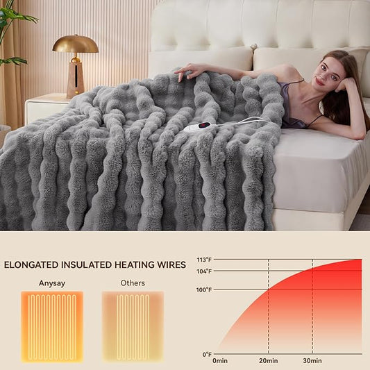 Heated Blanket Throw with 1/2/4/6/8 Hours Auto-Off 10 Heat Level, 72'' * 84'' Cozy Faux Rabbit Fur Bubble Electric Blanket with Overheat Protection(Light Grey)
