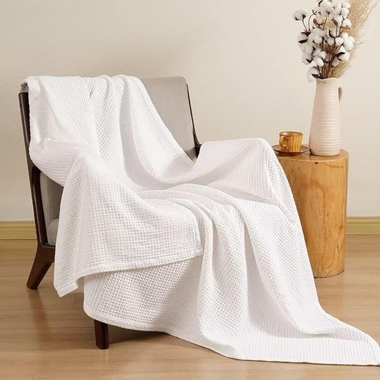PHF 100% Cotton Waffle Muslin Throw Blanket Large 50" x 70", Lightweight and Breathable Washed Cotton Blanket, Aesthetic Soft Muslin Waffle Bedding for Sofa Bed Home Decor, White