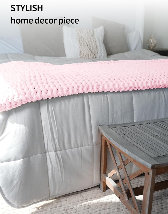 YnM Chunky Throw Blanket, Medium-Weight, Hand Knitted with Chenille Yarn, Skin Friendly, Ventilated and Breathable, Machine Washable, Home Décor Piece for Couch, Sofa and Bed (Petal Pink, 60x80 Inch)