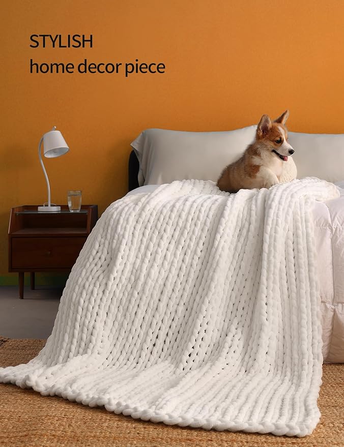 YnM Chunky Throw Blanket, Medium-Weight, Hand Knitted with Chenielle Yarn, Skin Friendly, Ventilated and Breathable, Machine Washable, Home Décor Piece for Couch, Sofa and Bed (White, 60x80 Inch)