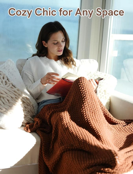 Chunky Cotton Knit Throw Blanket, Light Weight Cable Knit Throws for Bed Couch Sofa, Comfy & Relaxing, Decorative Piece for Farmhouse Rustic Scandinavian Chic Vibe, Toffee Brown 60x80 Inches