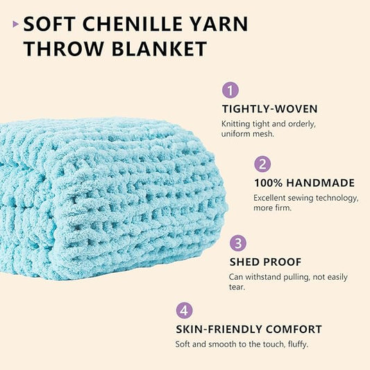 L'AGRATY Chunky Knit Blanket Throw - Soft Chenille Yarn Throw Blanket 40x50： Handmade Thick Cable Knit Crochet Blanke - Large Knit Blanket Chunky Rope Knot Throw Blanket for Couch Sofa Bed Home Decor