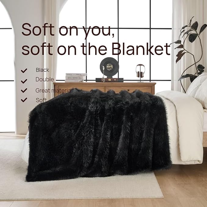 Luxury Fluffy Faux Fur Throw Blanket,Thick Fluffy Fuzzy Cozy Blanket,Plush Blankets for Couch, Sofa, Chair, Bed-Black,50x60