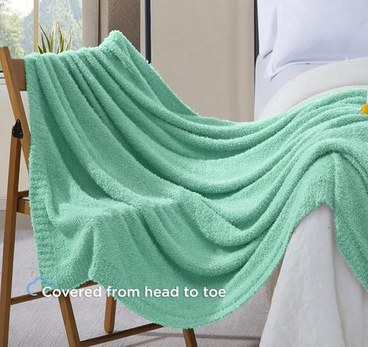 Knit Throw Blanket for Couch - Super Soft Bed Blanket， Fluffy Fuzzy Plush Lightweight Cozy Blankets for Sofa ，Sage Green，50" x 60"