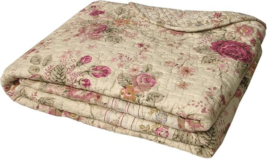 Greenland Home Antique Rose - Classic Traditional Floral - 100% Cotton Quilted Throw Blanket, 50 x 60 inches, Ecru