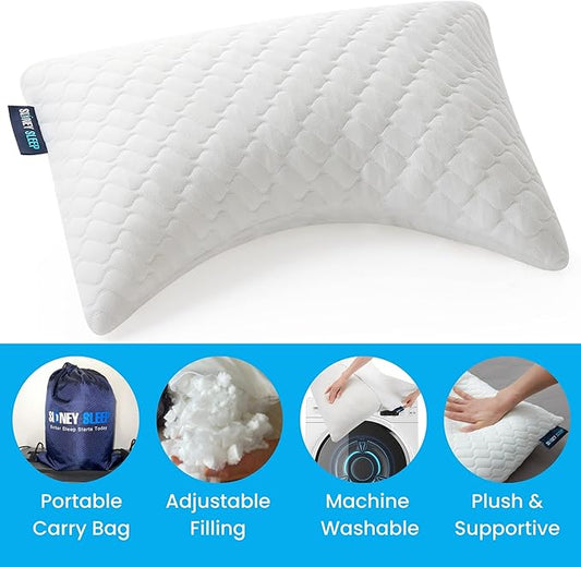 Sidney Sleep Mini Travel Size Neck Pillow - Knee, Back Lumbar and Support - Small Curved Pillow - 14 x 19 Inches - Adjustable Loft - Washable - Drawstring Backpack Included