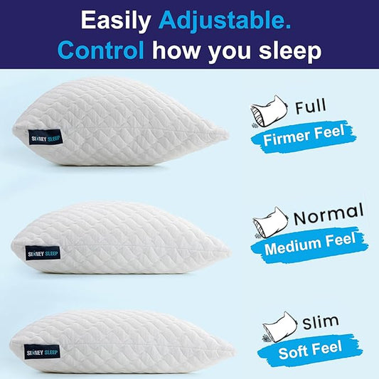 Sidney Sleep Set of 2 Queen Size Bed Pillows for Side and Back Sleepers - Adjustable Filling - Memory Foam Pillows for Neck and Shoulder Pain - Customizable Loft - Extra Foam Included (Grey)
