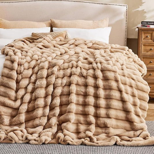 Faux Fur Queen Size Throw Blanket for Couch - Luxurious Faux Rabbit Fur Bed Blanket Reversible - Cozy Warm Fluffy Fuzzy Plush Striped Blanket for Sofa Bedroom Living Room - 90x90 Inches Khaki