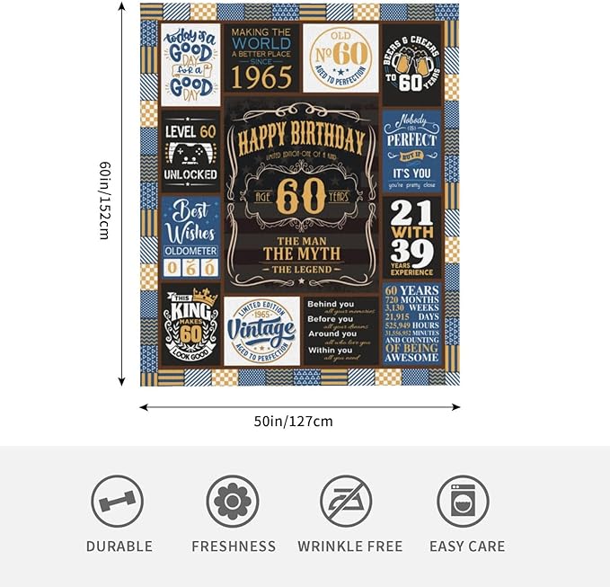 60th Birthday Gifts for Men Blanket 60 x 50 inch, 60 Year Old Birthday Gifts for Men, Gift for 60 Year Old Man, 1965 Mens 60th Birthday Gift Ideas Male, 60 th Birthday Gift for Dad