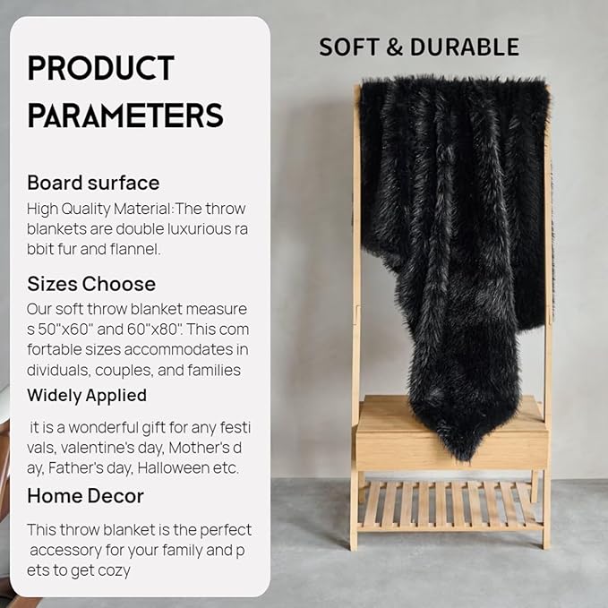 Luxury Fluffy Faux Fur Throw Blanket,Thick Fluffy Fuzzy Cozy Blanket,Plush Blankets for Couch, Sofa, Chair, Bed-Black,50x60