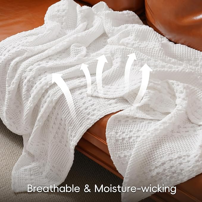 PHF 100% Cotton Waffle Weave Blanket Twin Size, Soft Lightweight Breathable Cozy Summer Blankets for Bed, Luxury Aesthetic Woven Bedding for Home Decor, 66"x90", White
