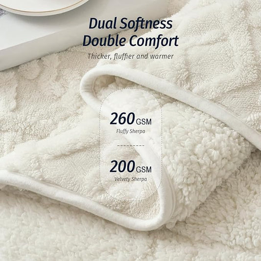 Wemore Weighted Blanket for Adults Twin Size 20 lbs, Dual Sided Soft Fuzzy Jacquard Sherpa Weighted Blankets Throw, Cozy Fluffy Knitted Heavy Blanket for Bed and Couch, Cream White, 60 x 80 inches