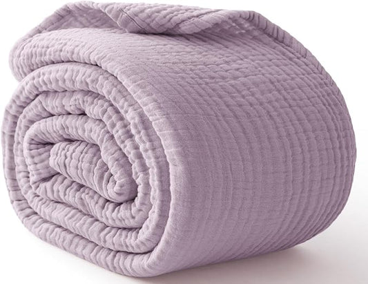 100% Cotton Muslin Blanket King 108" x 90", 6 Layers Breathable and Lightweight Cotton Throw Blanket for Bed, Soft Quilt Bedspread Coverlet, Gauze Blanket for Adults All Season, Lavender