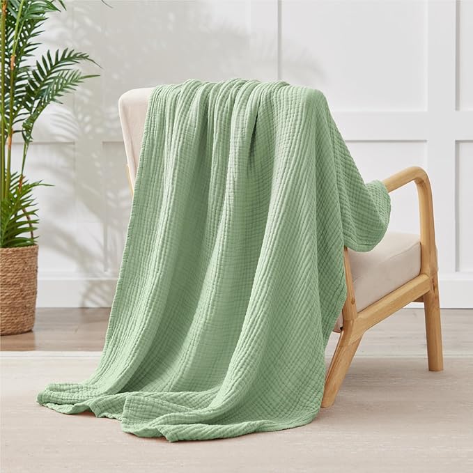 100% Cotton Muslin Blanket Large 50" x 70", 6 Layers Breathable and Lightweight Cotton Throw Blanket for Couch, Soft Quilt Bedspread, Gauze Blanket for Adults All Season, Sage Green