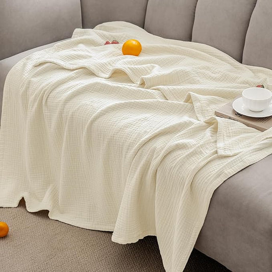 PHF 100% Cotton Muslin Throw Blanket 50" x 60", 4-Layer Lightweight and Breathable Blanket for Summer, Luxuriously Soft Gauze Throws for Couch, Natural Minimalism Style, Ideal Gift, Birch