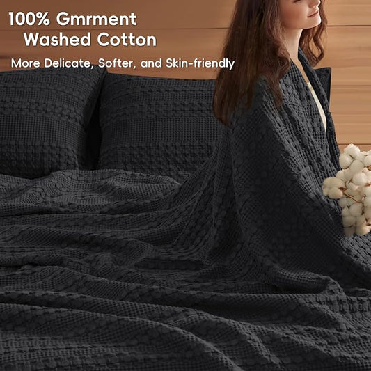 PHF 100% Cotton Waffle Weave Blanket Queen Size, Soft Lightweight Breathable Cozy Summer Blankets for Bed, Luxury Aesthetic Woven Bedding for Home Decor, 90"x90", Black