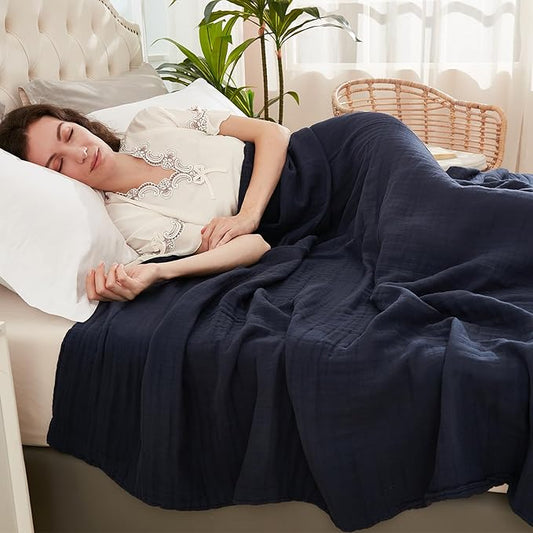 EMME Cotton Throw Blanket for Couch Soft Muslin Blankets 50"x60" Lightweight Breathable Blanket All Season Gauze Blanket, Navy