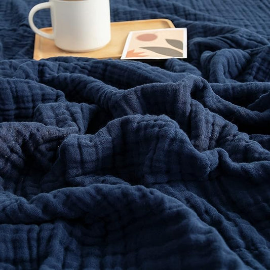 EMME Muslin Blanket 100% Cotton Throw Blankets for Couch Breathable Gauze Blanket All Season Soft and Lightweight Pre-Washed Cotton Blanket (Navy, 60"x80")