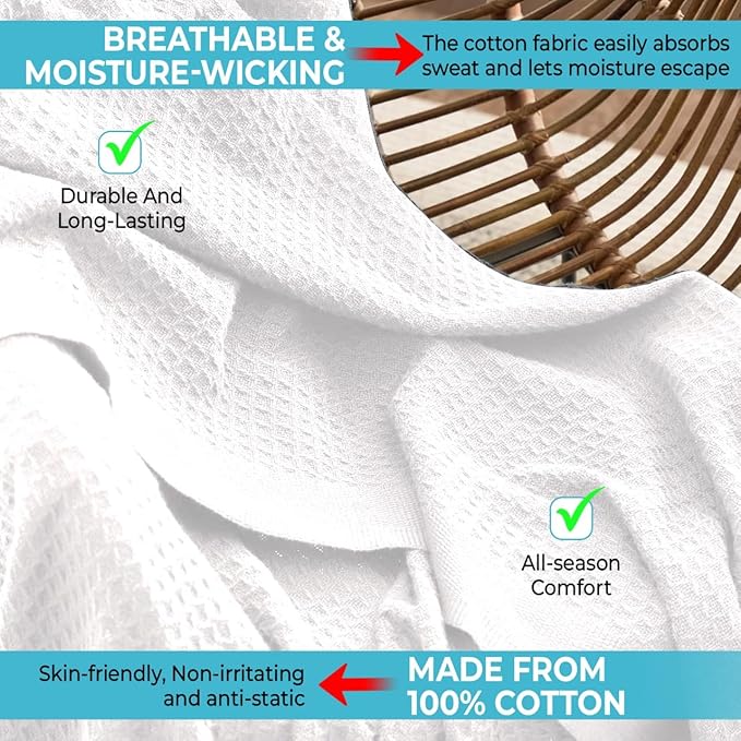 100% Cotton Blankets King Size for Bed - Waffle Weave Blankets for Summer, Lightweight and Breathable Soft Woven Blanket for Spring, White, King (90" x 108")