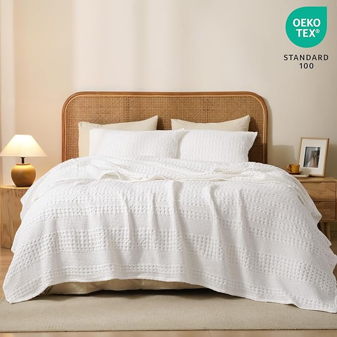 PHF 100% Cotton Waffle Weave Blanket Twin Size, Soft Lightweight Breathable Cozy Summer Blankets for Bed, Luxury Aesthetic Woven Bedding for Home Decor, 66"x90", White