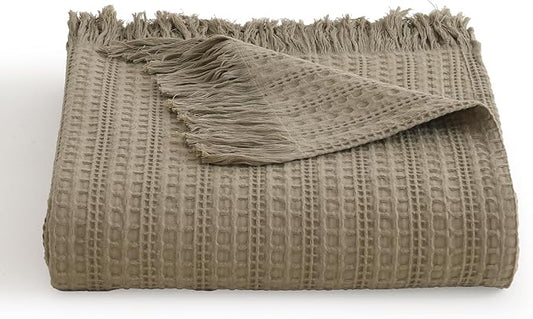 100% Cotton Waffle Blanket with Fringe, Pre-Washed Waffle Weave Blanket for All Season, Lightweight Breathable Soft Cozy Throw Blanket for Couch, Bed, Travel (Sage Green - 50x60 Inches)
