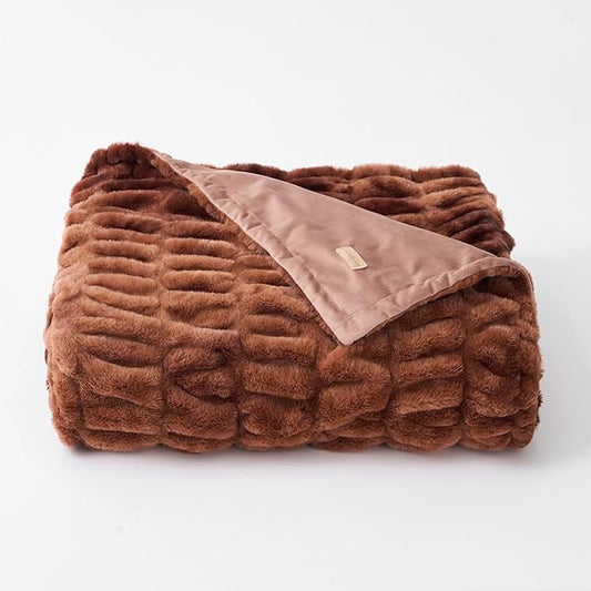 EVERGRACE Luxurious Soft Faux Rabbit Fur Throw Blanket, Cozy Fuzzy Plush Warm Throws for Couch Bed Sofa Chair Home Decor, Ruched Bubble Fluffy Blanket with Reversible Velvet, 50" x 60", Clay