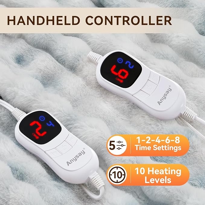 Heated Blanket Throw with 1/2/4/6/8 Hours Auto-Off 10 Heat Level, 90'' * 100'' Cozy Faux Rabbit Fur Bubble Electric Blanket with Overheat Protection(Blue)